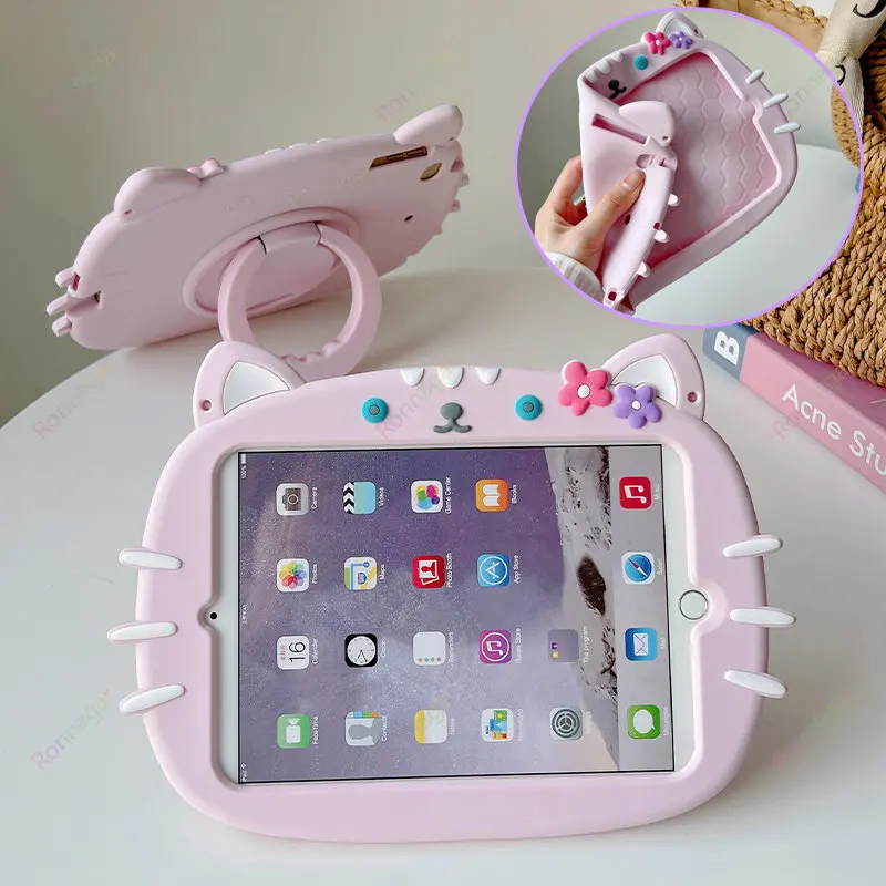 Cute Cat Case para Ipad Pro Soft Silicone Case para Crianças Kawaii Cartoon Pink Cat Kickstand para Meninos e Meninas 11 ° 2023 ° 2023 3d