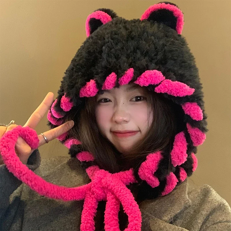 

2024 Cute Oversized Bear Ears Plush Bomber Hats Women Winter Korean Versatile Warm Thickened Ear Protector Knitted Men's Caps