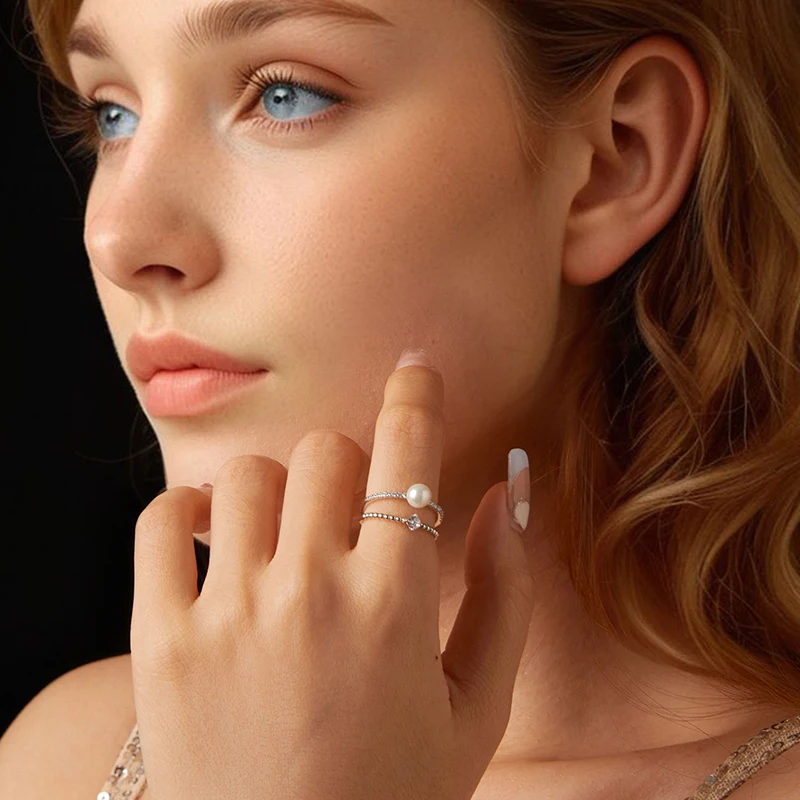 Bamoer U Pearl Moissanite Ring Double Layer Twisted Finger Ring Round Cut Diamond Original Gift S925 Sterling Silver Jewelry 2