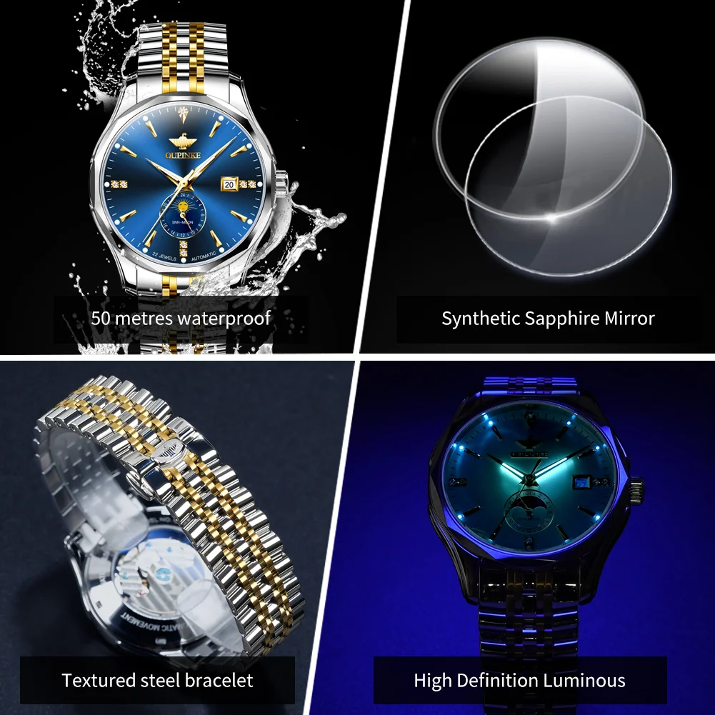 OUPINKE 3275 Automatic Watch For Men Top Brand Luxury Date Moon Phase Mechanical Man Watch Deep Waterproof Business Wristwatch