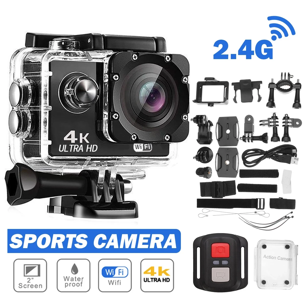 New 4k HD Mini Action Camera 2.0” Screen WiFi Remote Control Sport Camera Underwater Waterproof Helmet Video Recording Cameras