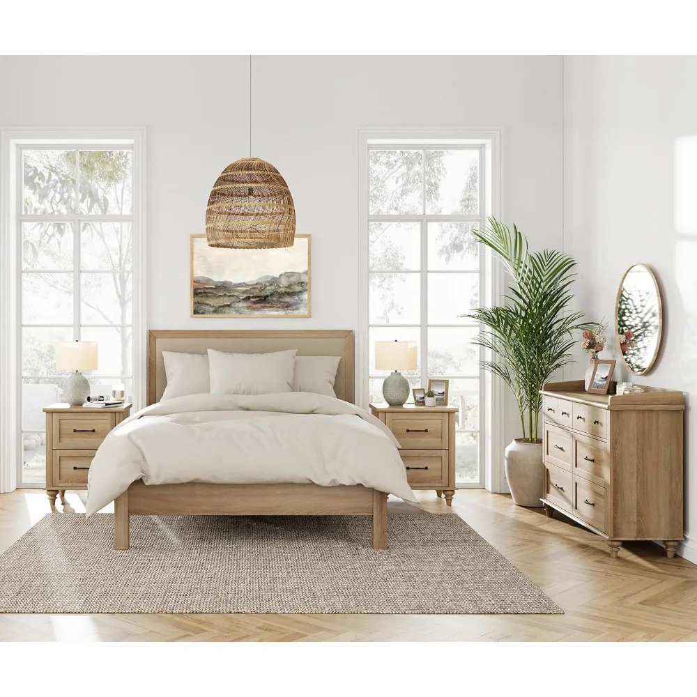 3 Piece Dresser and Nightstand Sets Farmhouse Dresser Chest of Drawers Set of 2 Nightstands End Table Charging Staion