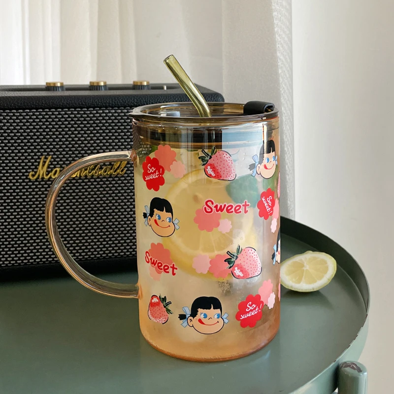 Kawaii Flower Glass Cup With Lid Straw Cute Orange Coffee Mug Milk Hot  Drinks Korean Water Juice Tea Cup Drinkware Gift 600ml - AliExpress