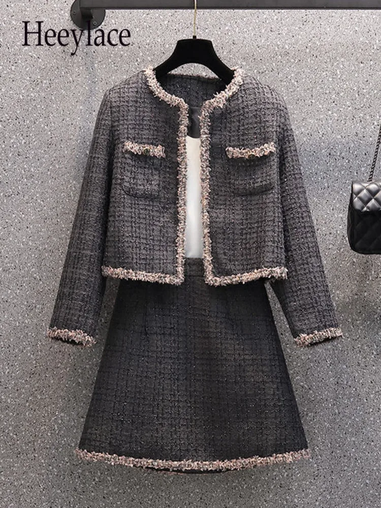 

Winter Tweed Two Piece Sets Womens Outfits Office Ladies Elegant Long Sleeve Cardigans And Mini Skirts Sets 4XL High Quality Set