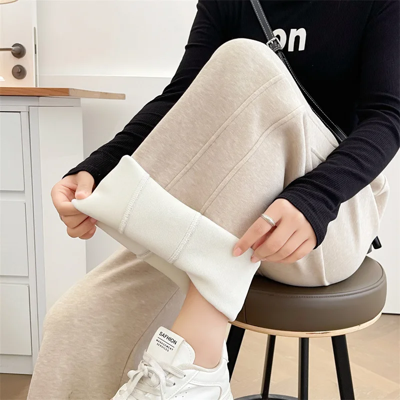 XXXXL Fashion Plus Size Women's Straight Leg Pants Winter Style Simple double-creased Fleece Casual Trousers 8073