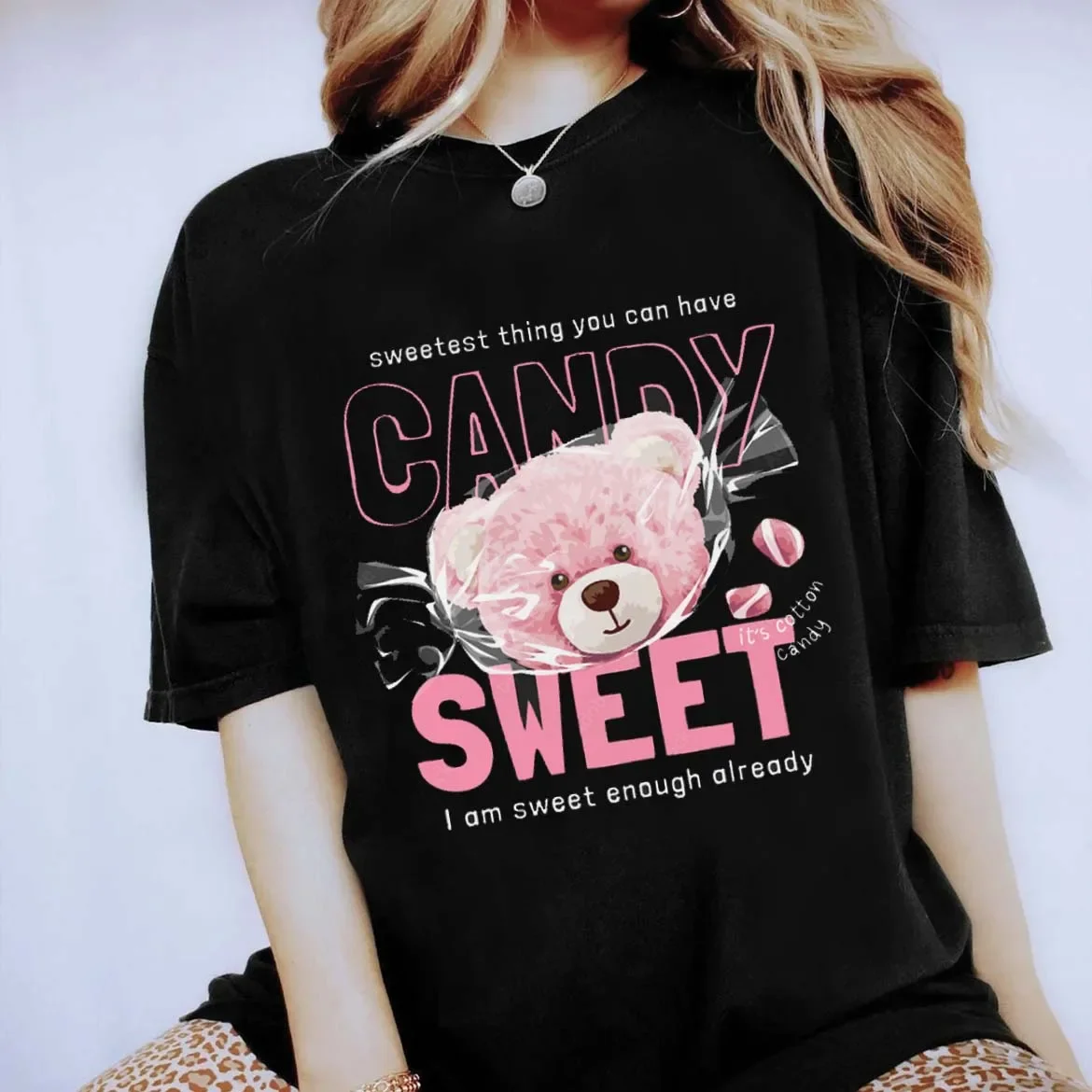 

Leisure Style 90s Fashion Clothing Short Sleeve Cute Bear Print Women's Clothing Pattern T-shirt Women's Fashion Women's T-shirt