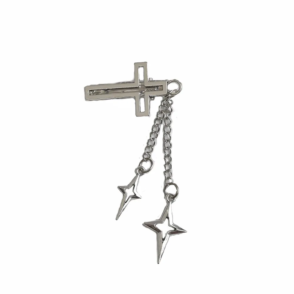 2 peças de grampos de cabelo góticos Y2K com cruz, estrela, corrente e borla, acessórios de cabelo com estética punk para meninas e mulheres, joias hip hop._voghion.com