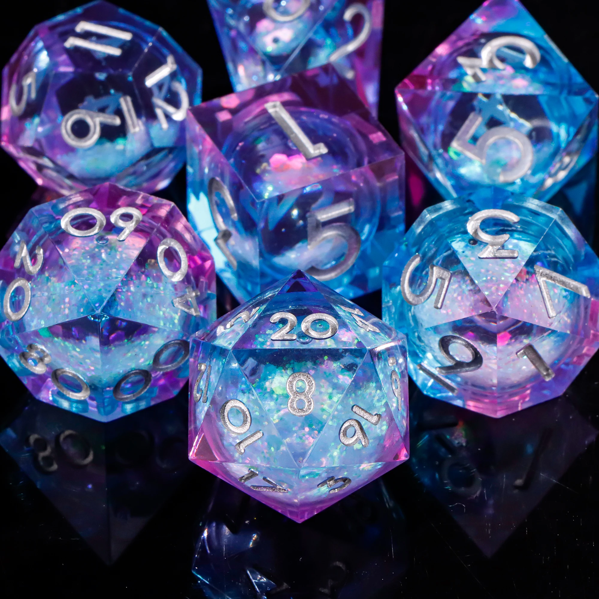 액체 코어 샤프 엣지 레진 다이스 세트 풀 폴리헤드럴 7개입 DND D&D RPG MTG 테이블탑 롤플레잉 게임용 다이스