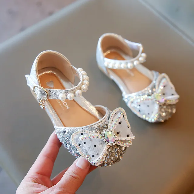 Summer Girls Sandals Fashion Sequins Rhinestone Bow Girls Princess Shoes Baby Girl Shoes Flat Heel Sandals Size 21-35 SHS104 SHS127 Silver