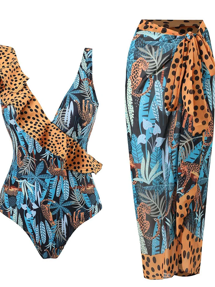 

Купальник-бикини с глубоким V-образным вырезом и оборками, в горошек и с листьями