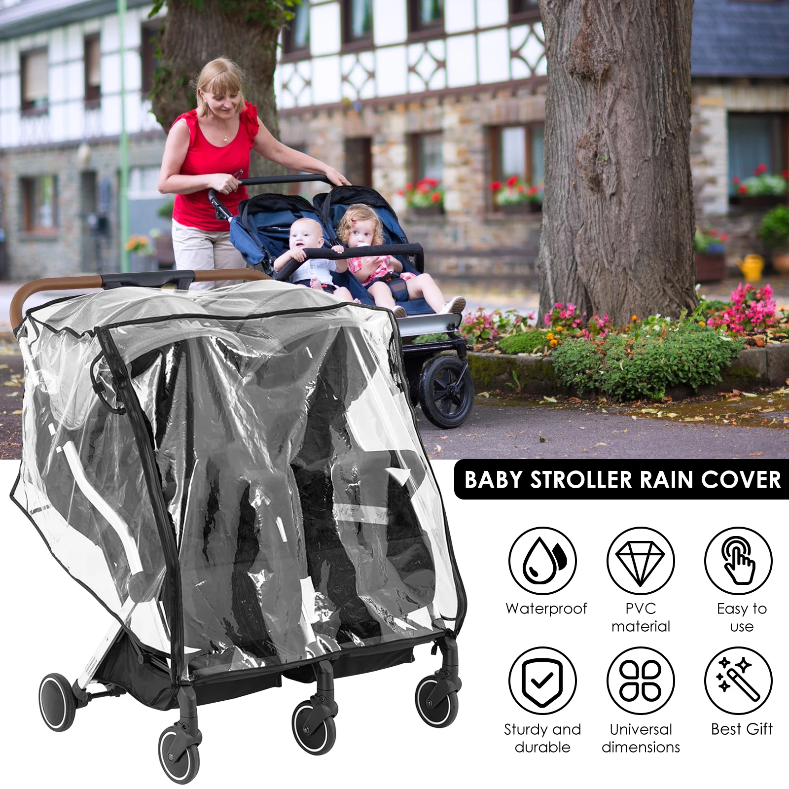 Baby Stroller Rain Cover Universal Double Stroller Rain Cover Clear Twins Dust Shield Outdoor Travel Accessories
