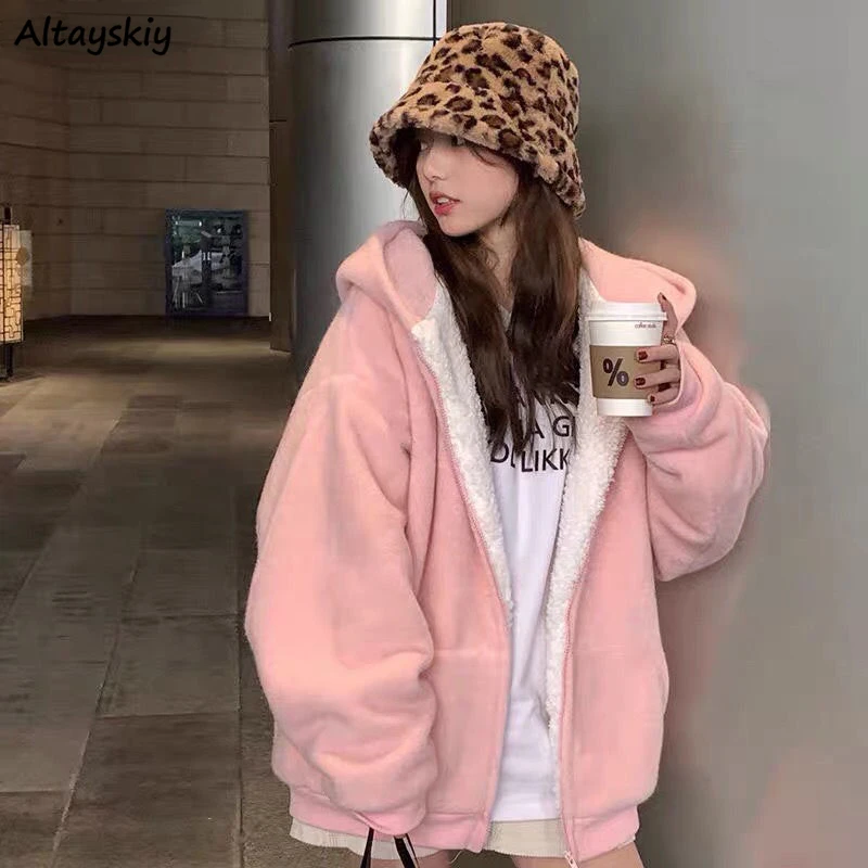 

Basic Jackets Women Hooded Pink Solid Simple All-match Fashion Chic Ins Ulzzang Thicker Winter Warm Leisure Daily Students Soft