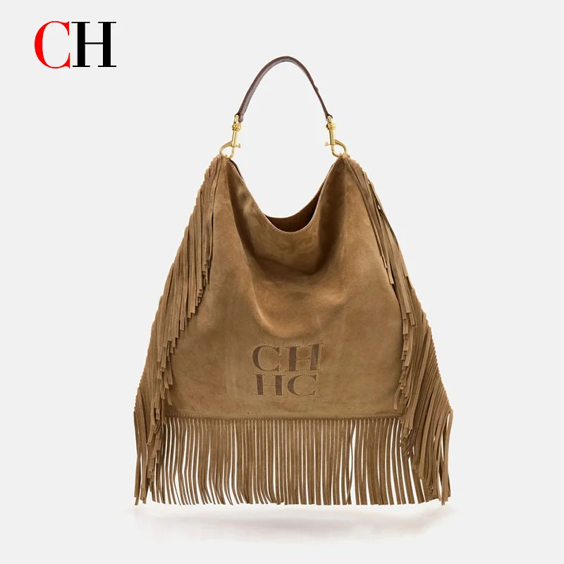 Borsa Hobo Vintage CH in Pelle Scamosciata con Frange per Donne, Borsa a Spalla con Lettere in Rilievo e Grandi Nappe, Borsa da Viaggio Quotidiana - immagine 6