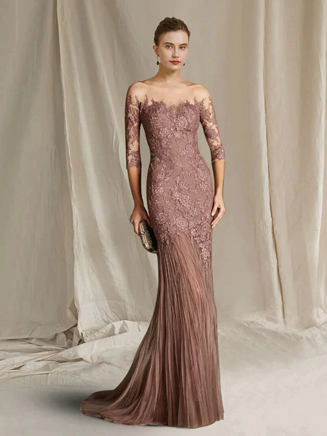 

Mother of the Bride Dress Elegant Jewel Neck Sweep Brush Lace Tulle Half Sleeve with Applique