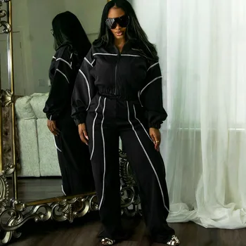 Doyerl Striped Casual Tracksuit Woman Two Piece Set Sports Workout Zipper Long Sleeve Jacket Coat and Sweatpants Matching Sets