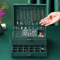 Organizador de joyas de 3 capas para mujer, bolsa de almacenamiento de anillo grande, collar, soporte de maquillaje, caja de terciopelo con cerradura, vitrina