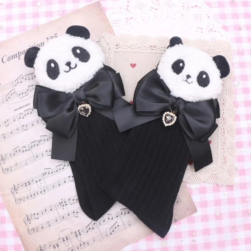 Chinese Style Sweet Cute Furry Cartoon Heart Shape Rhinestone Pendant Purified Cotton Short Socks Girl Women's Black Stockings