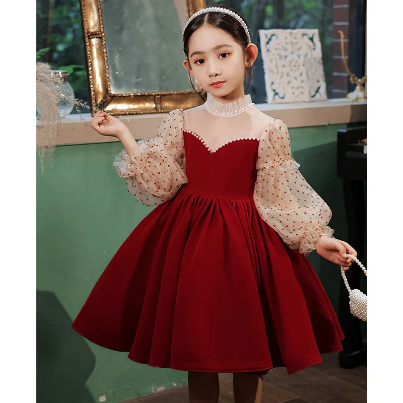 

Christmas Baby clothes V-neck Velvet teens Pageant ball gown wedding Flower girl fluffy Princess Party Dress for girls dress