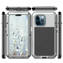Rugged Shockproof Metal Phone Case with Glass Screen Protection - iPhone 14 Pro Max (Silver)