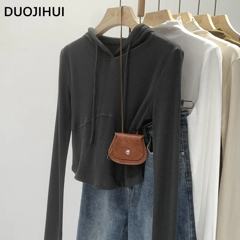 

DUOJIHUI Classic Hooded Chic Drawstring Slim Female T-shirts Autumn Simple Casual Fashion Solid Color Long Sleeve Women T-shirts