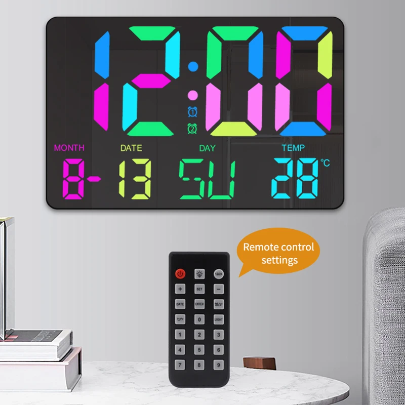 TS5310 Digital RGB Wall Clock Large Screen Mirror Alarm Clock 5 Gear Brightness Adjustable with