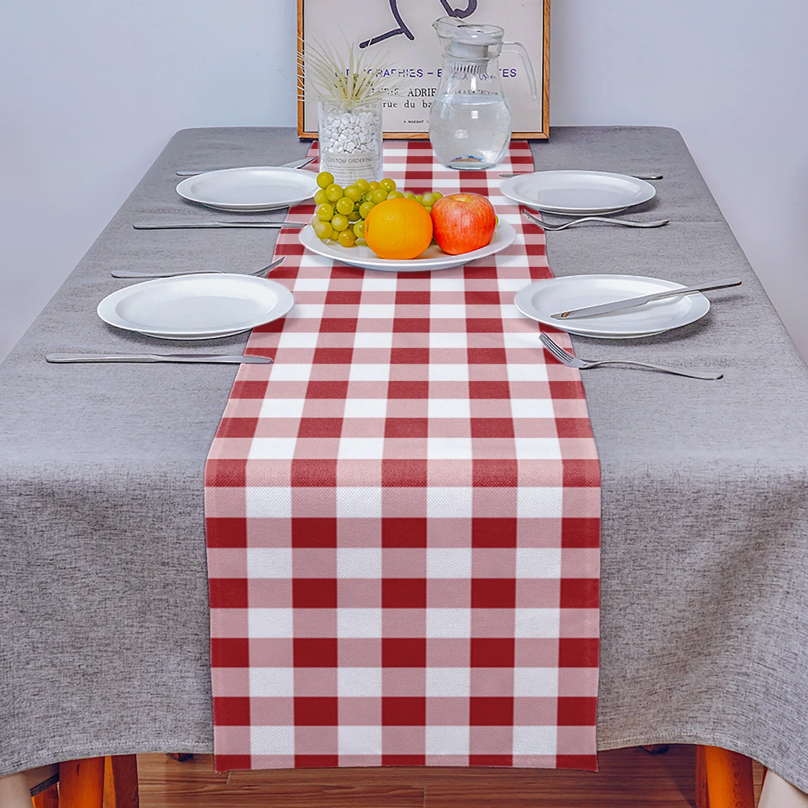 Pastoral Style Red White Plaid Linen Table Runners Kitchen Table Decoration Dining Runner Wedding Party Supplies