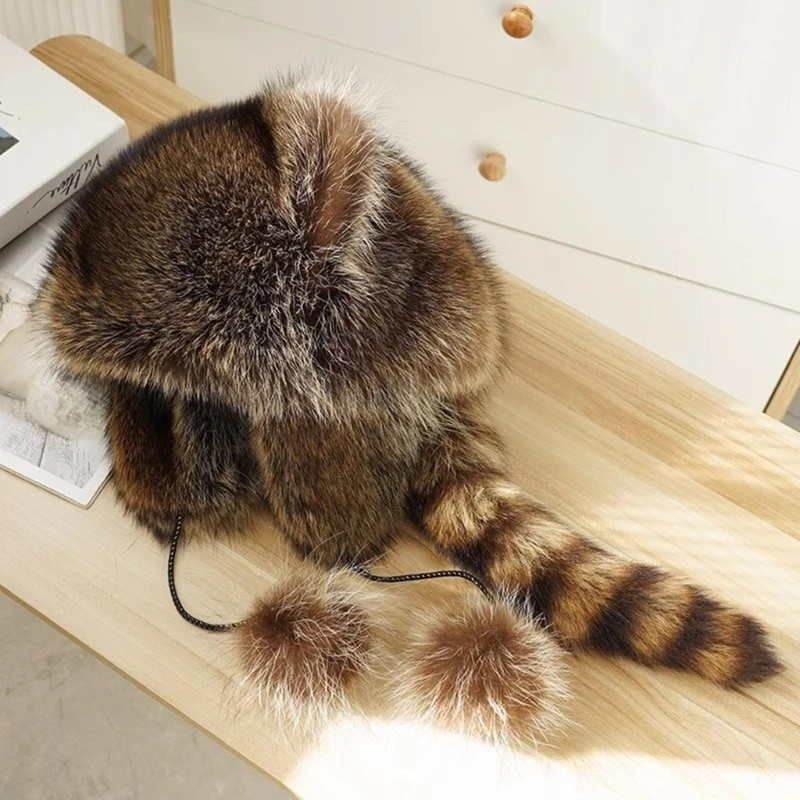 Plush Hat for Adult Children Teens Outdoor Commute Windproof Raccoon Tail Hat Russian Winter Keep Warm Hat 3