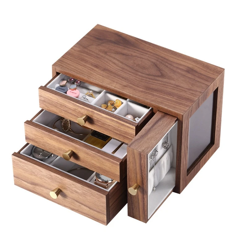 

Black Walnut Wood Solid Wood Jewelry Case With Mirror Handmade Engraving Jewelry Storage Box