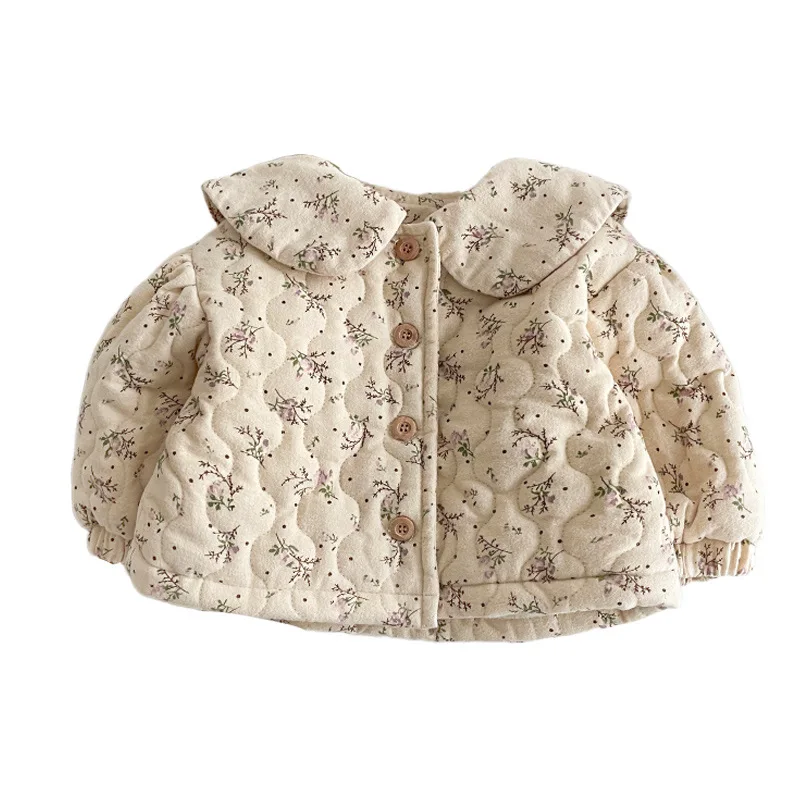 Baby Clothes Girls Doll Collar Fleece Floral Cotton Padded Jacket Winter New Girls Baby Fashion Thickened Cute Coat