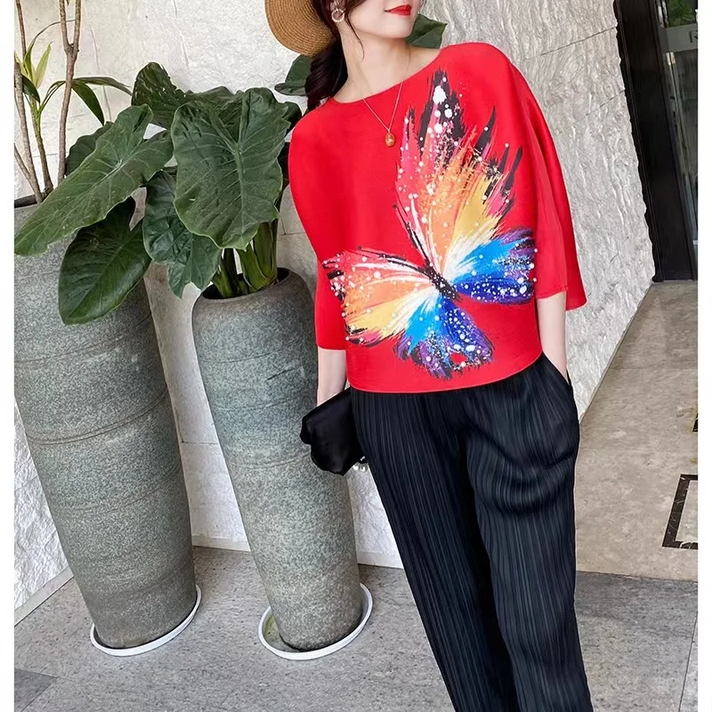 

Женская плиссированная футболка с коротким рукавом, модельная свободная футболка с круглым вырезом и цветочным принтом, лето 2023