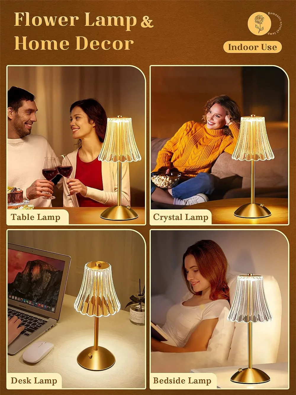 빈티지 LED 충전식 터치 금속 테이블 램프, 침대 옆 주변 조명, 조도 조절 무선 테이블 램프, 꽃 야간 조명, 3 가지 색상