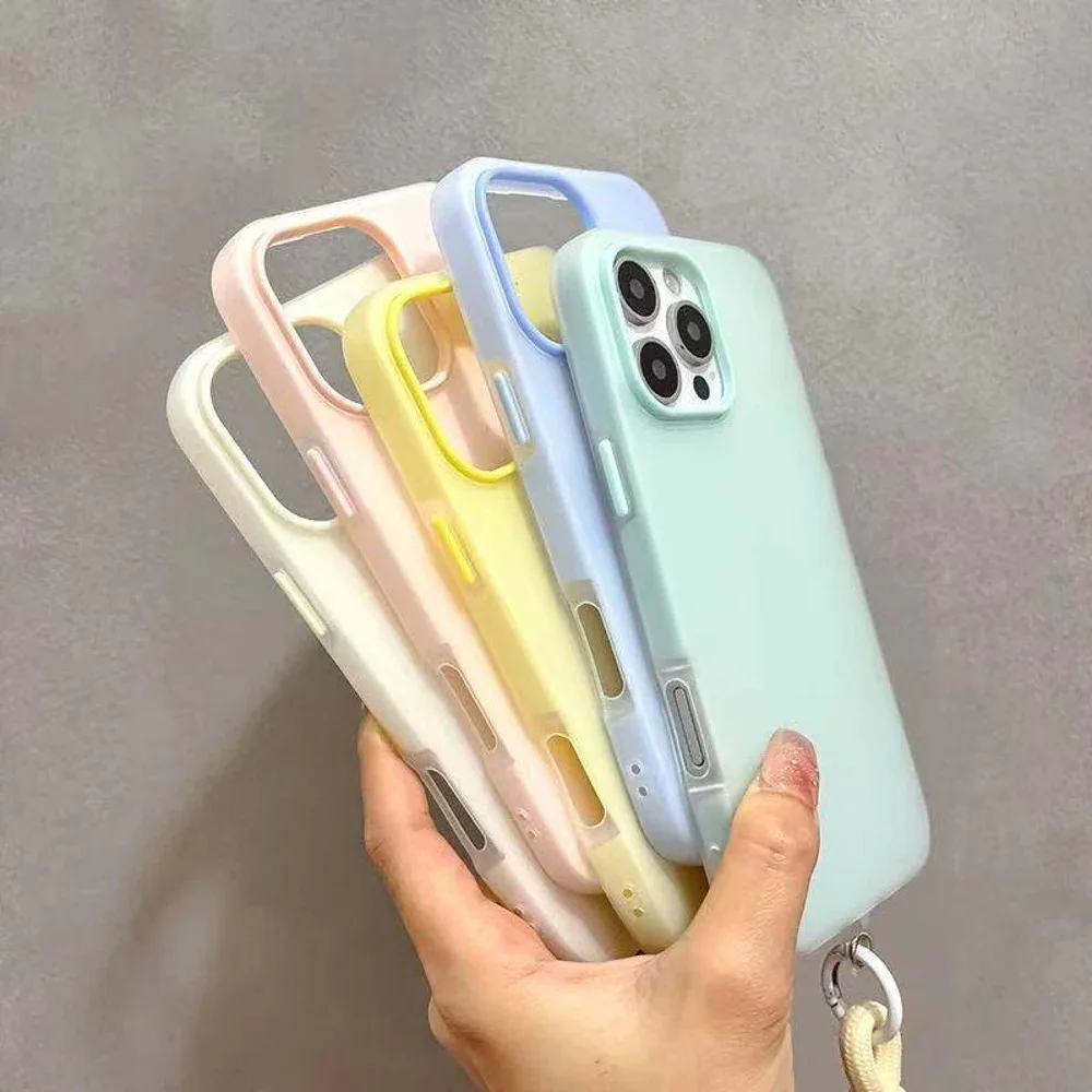 Matte Candy Wrist Strap Phone Case with Hand Lanyard - 2-in-1 Jelly Soft Cover