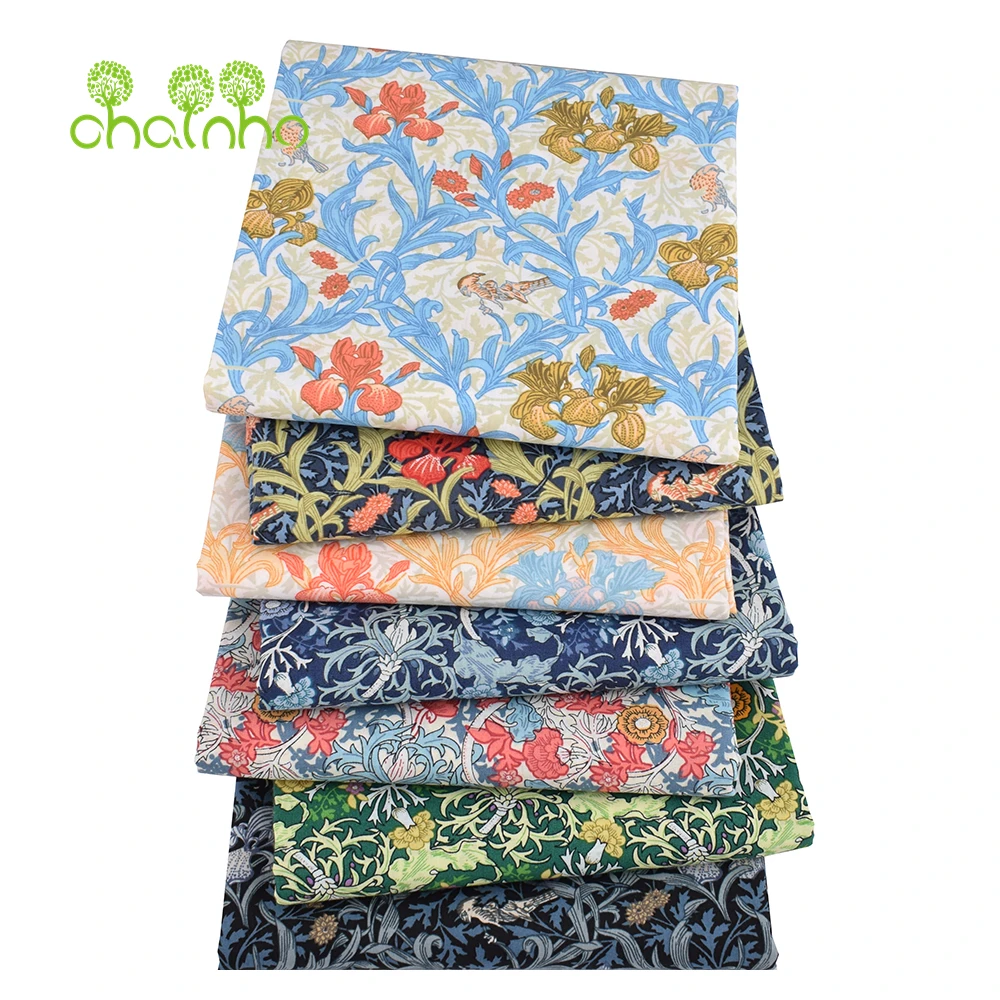Chainho,Printed Plain Weave Poplin Cotton Fabric,DIY Quilting Sewing Material,Patchwork Cloth,Floral Series,2 Sizes,15PC213