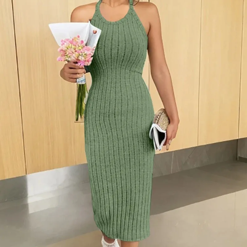 

Летние вязаные облегающие длинные платья для женщин, элегантное платье без рукавов с круглым вырезом, уличные вечерние платья, пляжный Повседневный Сарафан
