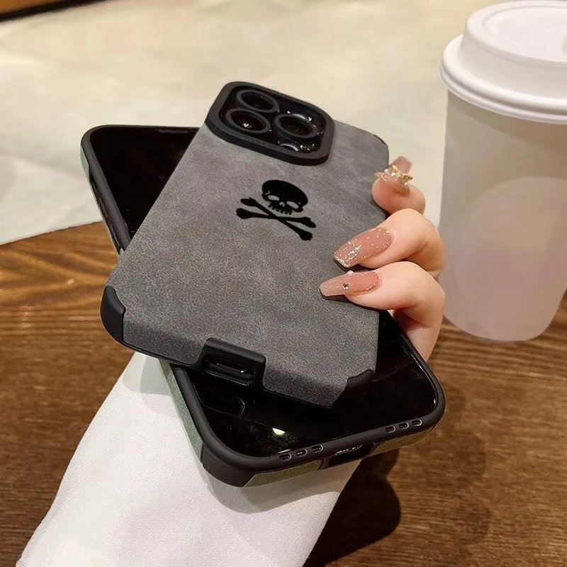Chic Matte Black Skull Faux Leather Phone Case