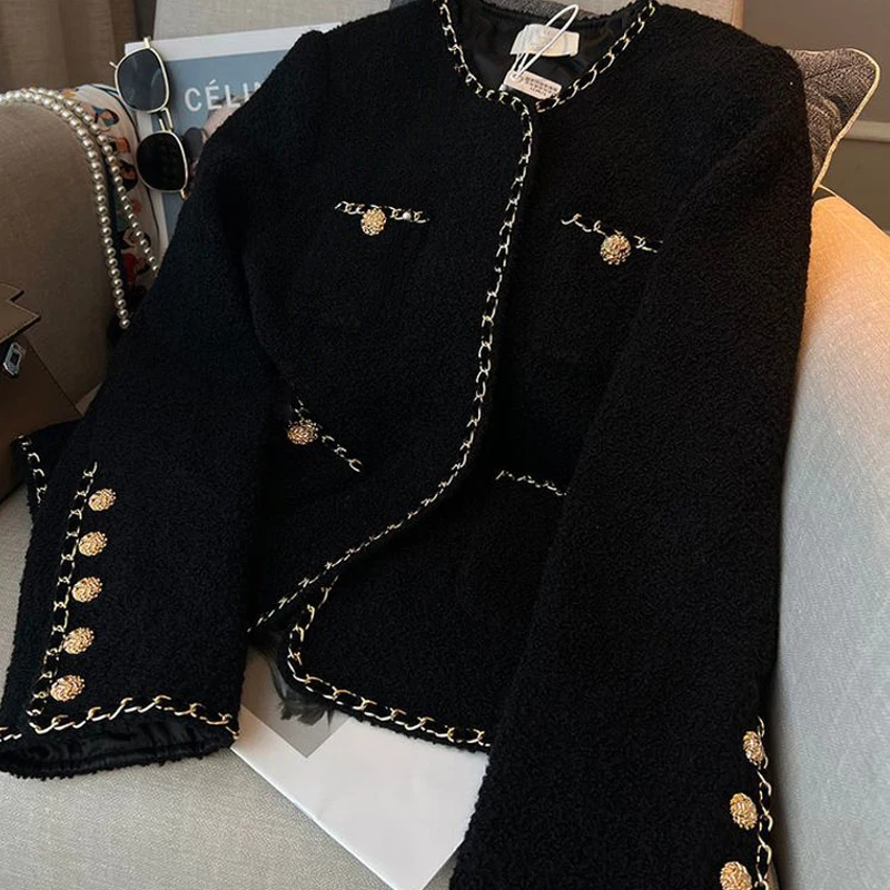 2023 Nuovo Autunno Nero Design Vintage Girocollo Giacca In Pile da Donna Elegante Chaquetas Mujer Manica Lunga Pulsante Cappotto Corto_voghion.com