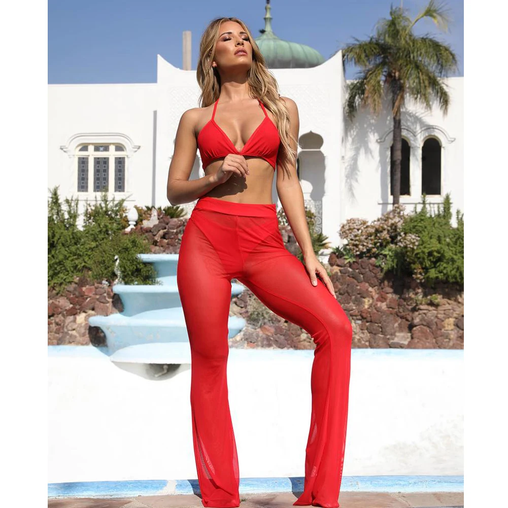 New Sexy Ruffle Women Beach Mesh Pants Sheer Leg Pants Transparent See Through Cover Up Bikini Trouser Pantalon Hot S-XL