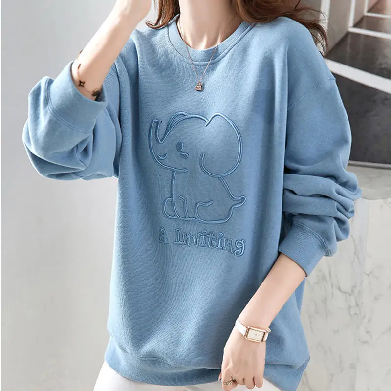 Casual Stylish Cartoon Embroidery Sweatshirts Letter Women's Clothing Korean O-Neck Spring Autumn Commute Long Sleeve Pullovers