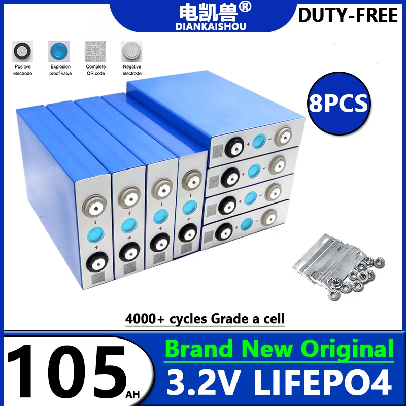 

New 3.2V LiFePO4 105Ah Battery Cell QR Code Grade-A 4000+ Cycles Full Capaticy LiFePO4 Battery with Studs Bus Bar for RV Golf