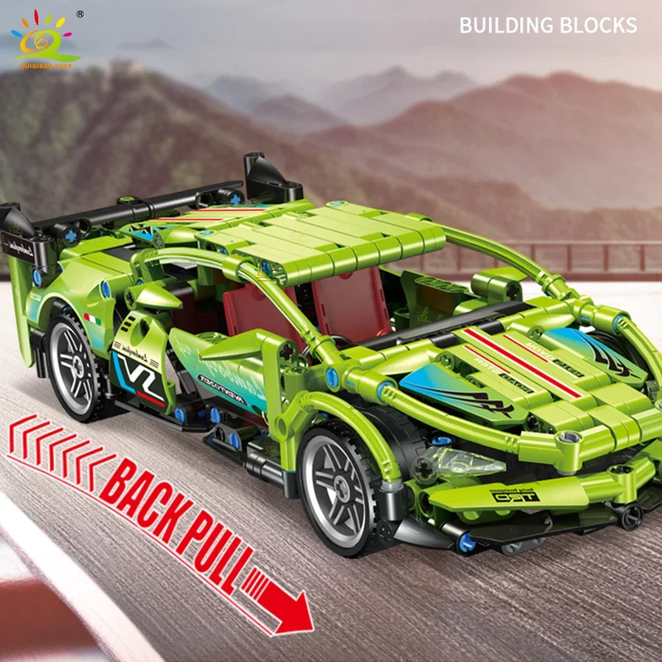 HUIQIBAO Technical 1/18 Super Racing Car Model Building Blocks Automobile Pull Back MOC Vehicle Bricks Children Construction Toy