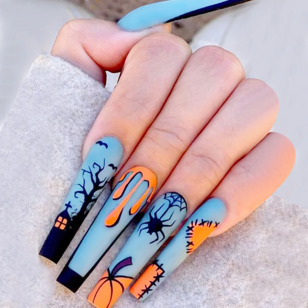 

24pcs/set Halloween fake nails press on faux ongles tips DIY manicure supplies french long coffin spider designs false nail kit