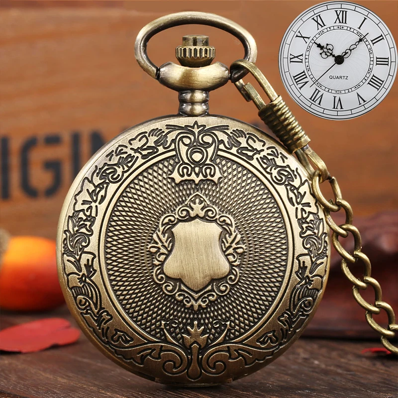 Royal Gold Shield Crown Pattern Quartz Pocket Watch Necklace - Luxury Steampunk Pendant Collectible Jewelry Gift