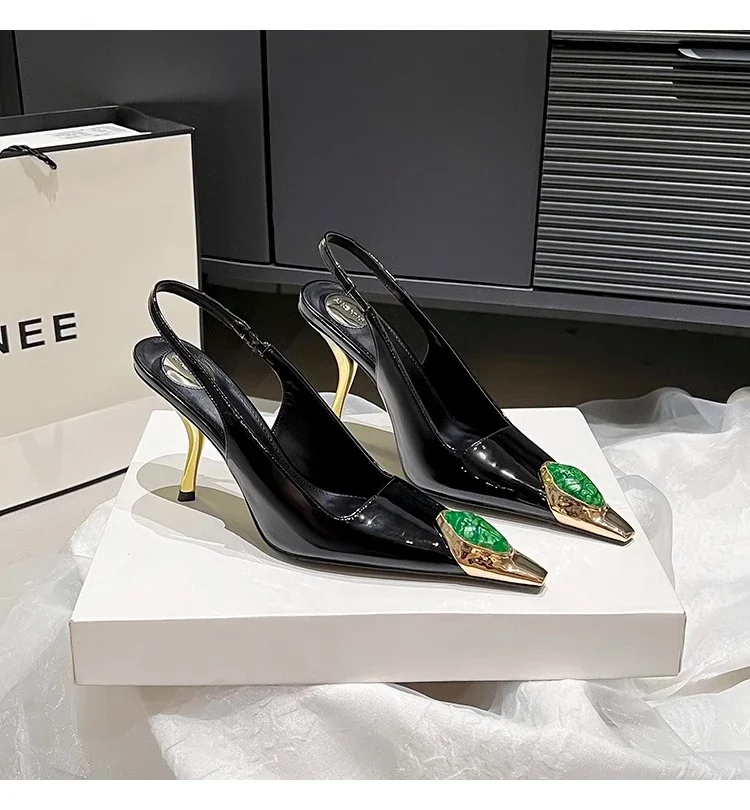 Star style Gemstone Metal Toe Patent Leather Women Pumps Fashion Stiletto High heels Spring Autumn Slingbacks Party Dress Shoes