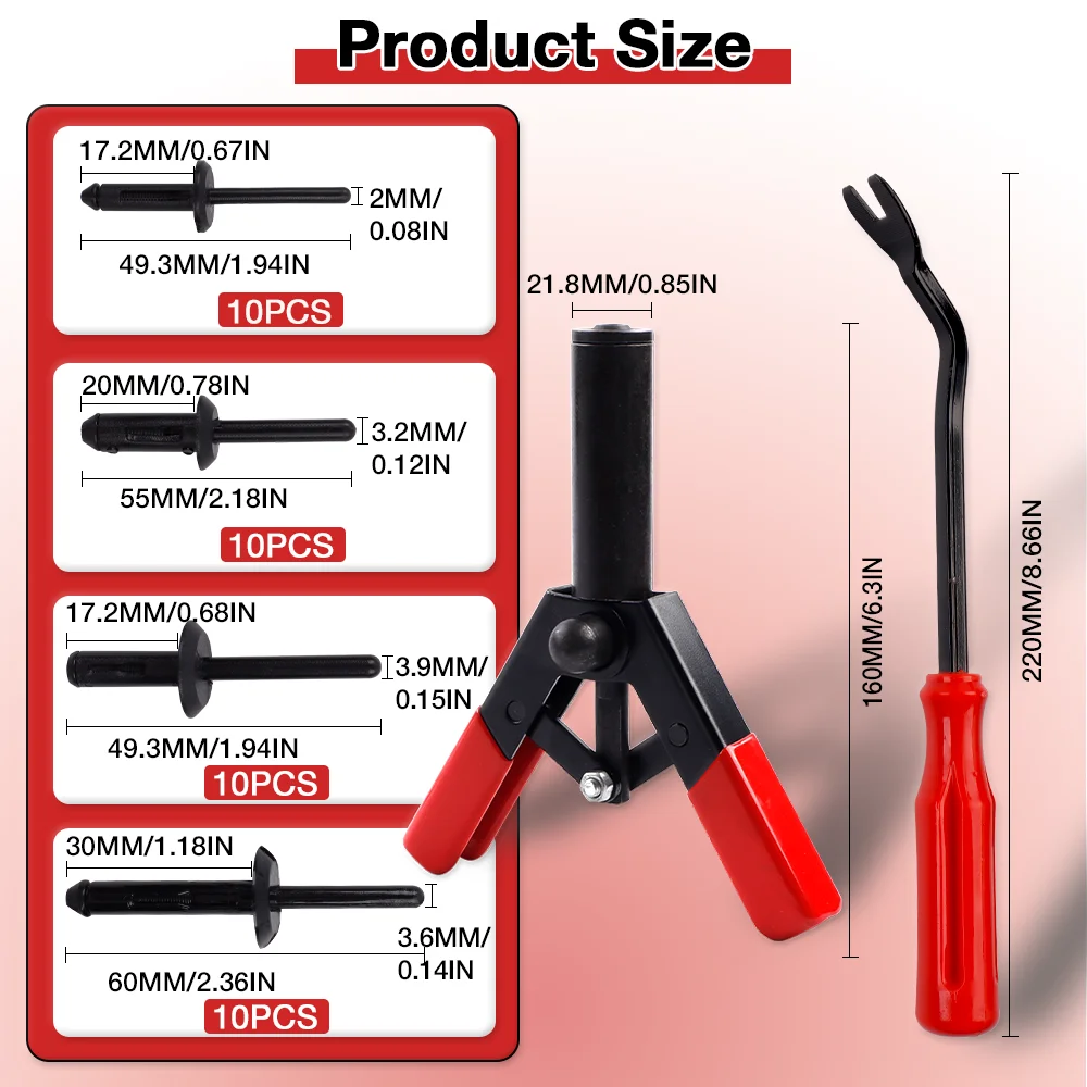 Plastic Rivet Gun Kit, Plastic Rivets, Optional Rivet Removal Tool, Blind Gun, For Installing Removing Auto Door Interiors