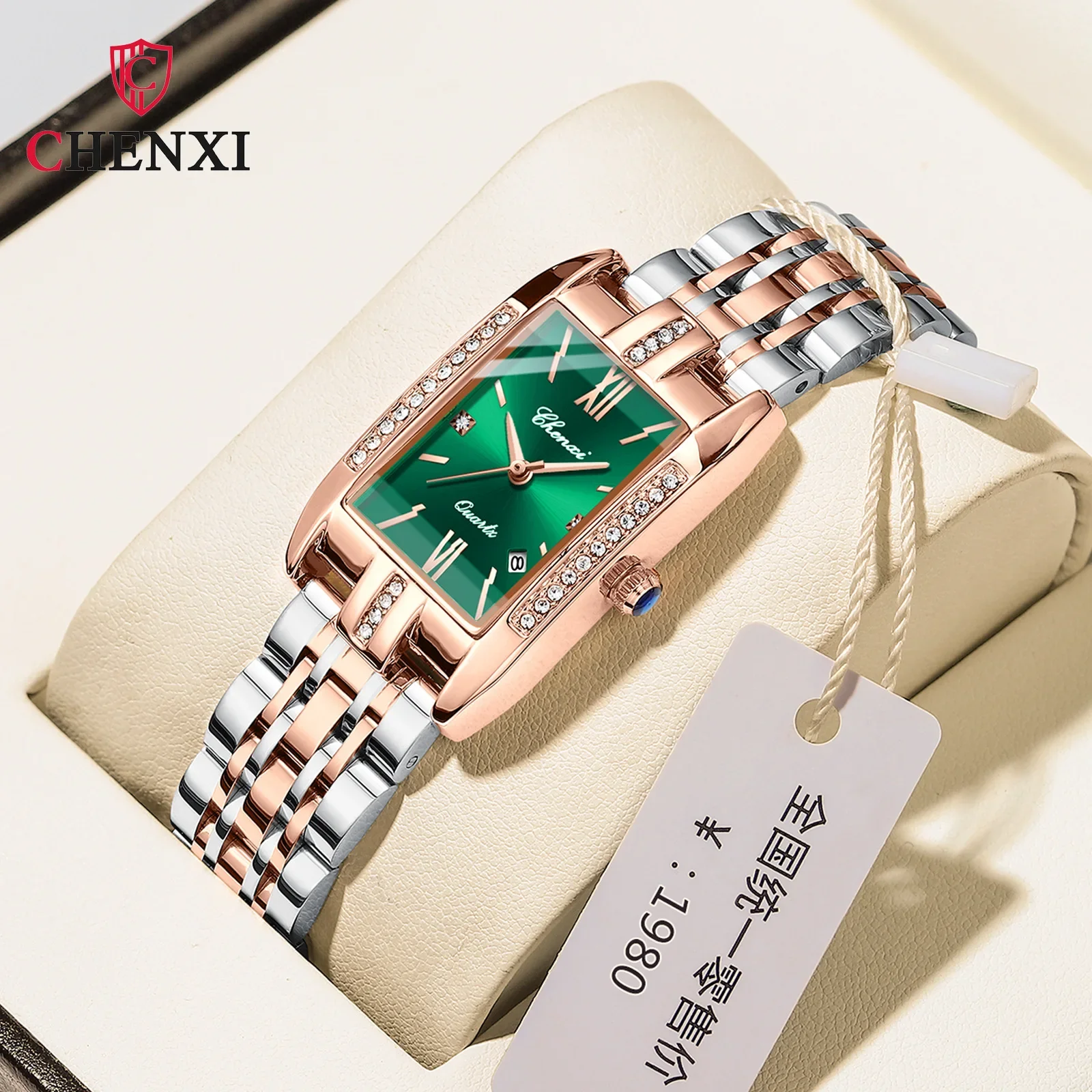 CHENXI New Square Women's Watch Calendar Rose Steel Watchband Waterproof Belt Diamond Fashion Quartz Watch Women