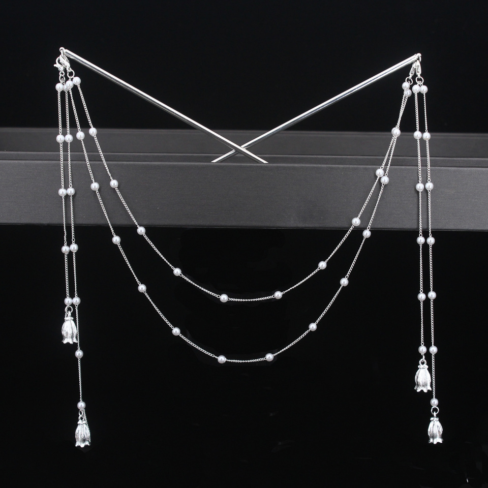 Double Chain Hair Fork Pearl Tassel Hair Stick Nunchaku Hairpin Chinese Style Retro Hair Accessories for Hanfu Tiaras Ornaments