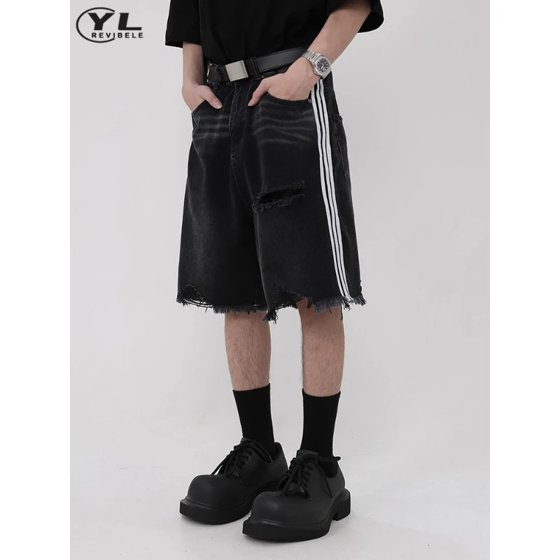 

Black Striped Denim Shorts Men High Street Loose Summer Raw Edge Hole Short Pants Vintage Casual Straight Five-point Trousers