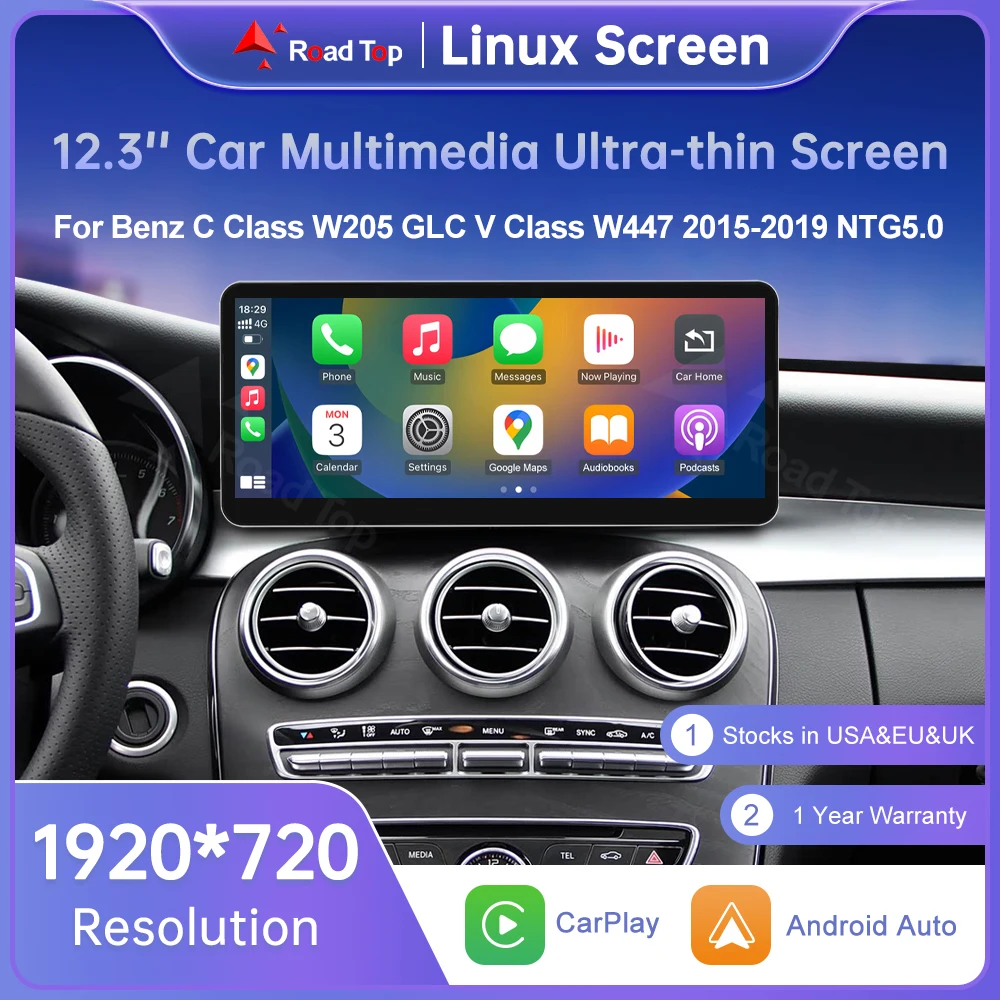 Nueva pantalla táctil Linux de 12,3 pulgadas para Mercedes Benz W205 GLC C V clase V447 GLA CLA NTG5.0 2015-2019 Carplay inalámbrico Android Auto 1