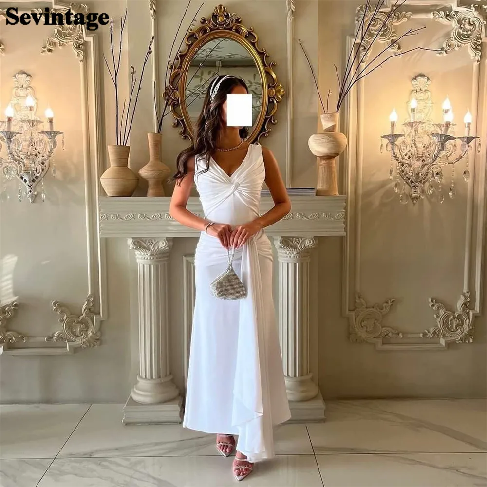 

Sevintage Simple Saudi Arabia Prom Dresses Mermaid Spaghetti Strap V-Neck Ankle Length Evening Dresses فساتين للحفلات الراقصة