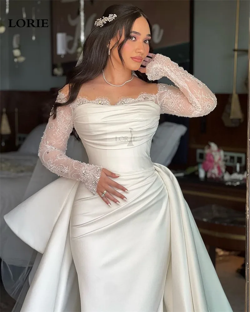 Ivory Off the Shoulder Long Lace Mermaid Wedding Dress VK23101707